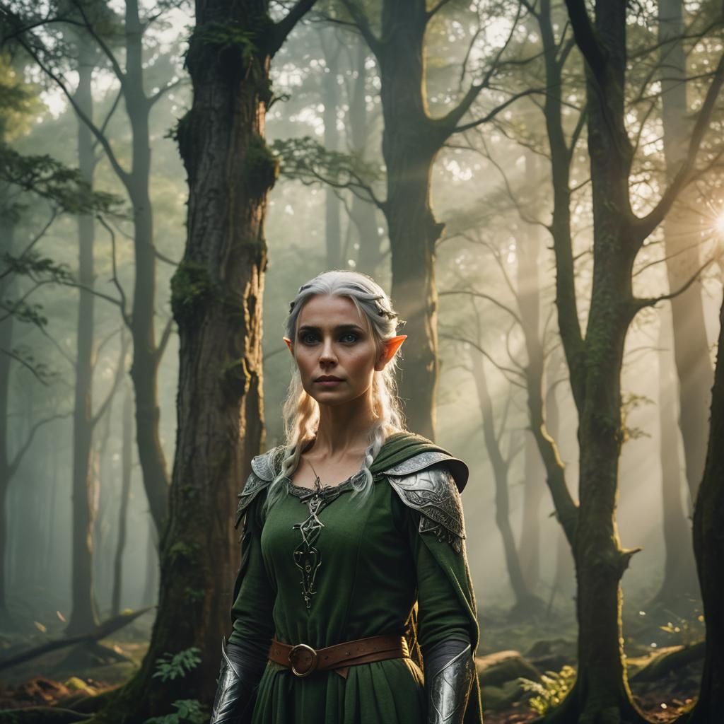 Ethereal Elf in Misty Forest: Cinematic Film Still