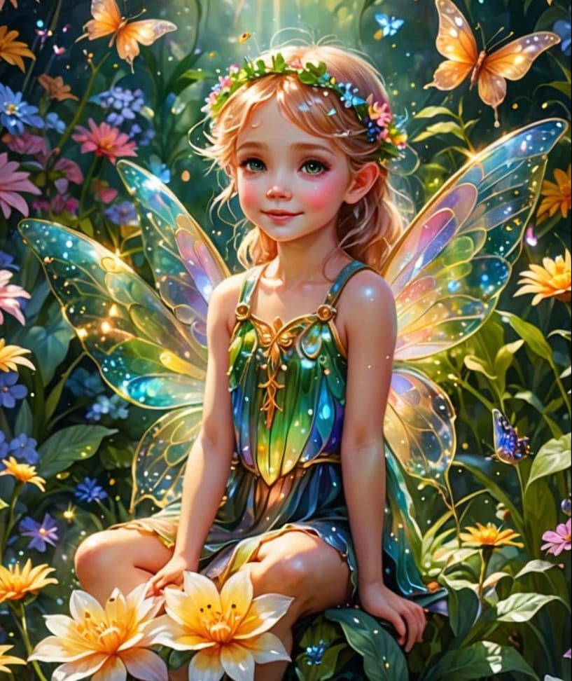 Sparkling Fairy in Fantasy Garden, Watercolor Art