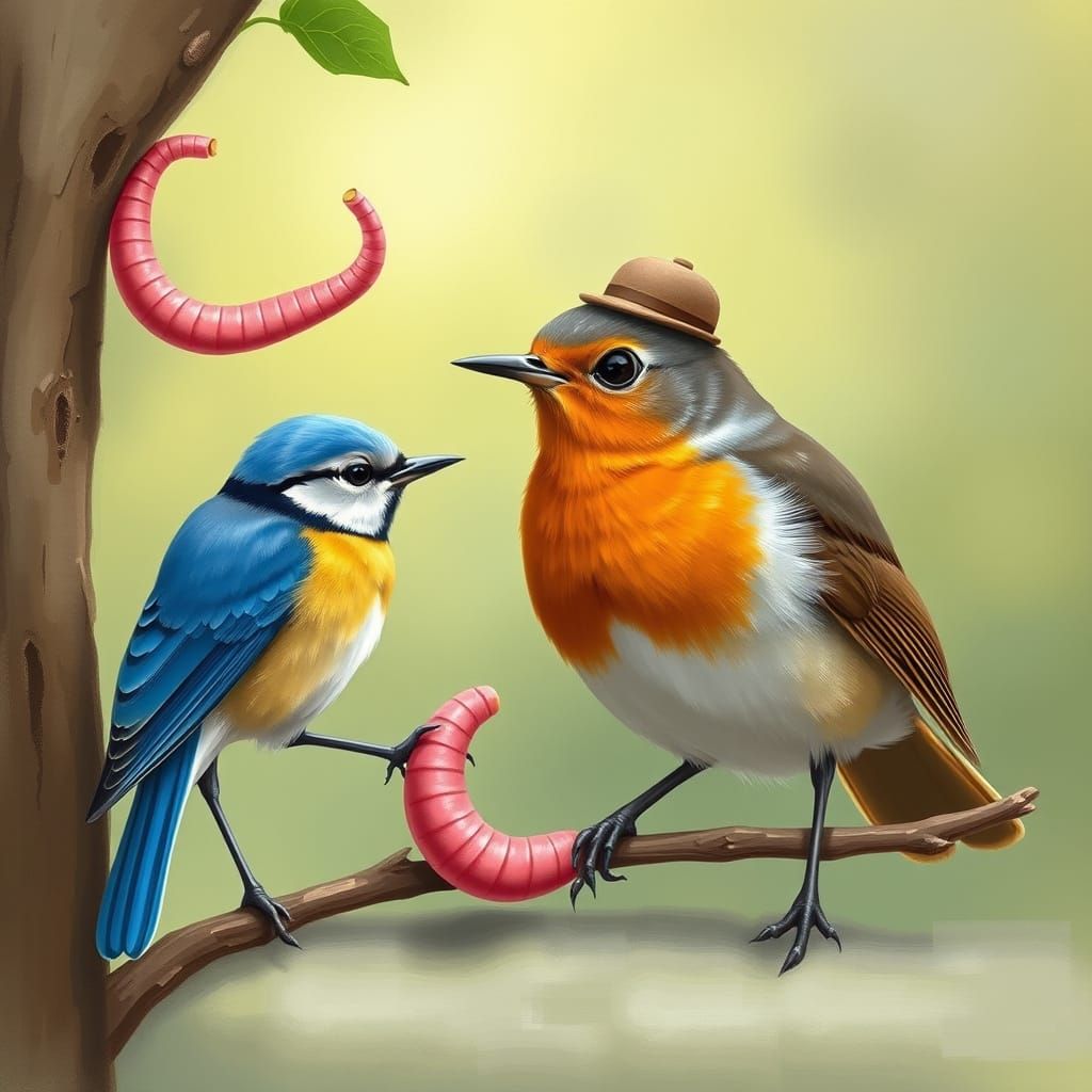 Robin Steals Worm, Wears Hat: Digital Art