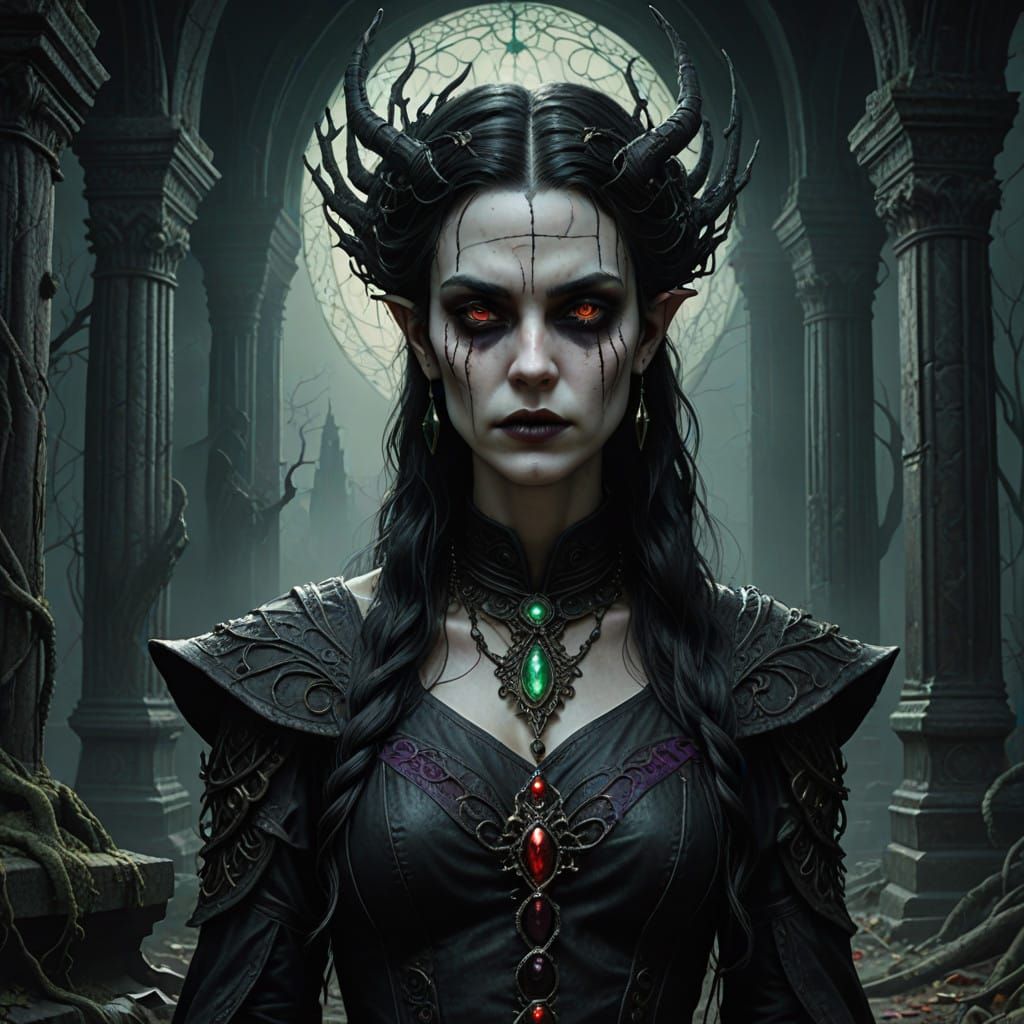 Ethereal Vampire Maiden in Gothic Attire, Adorned with Emera...