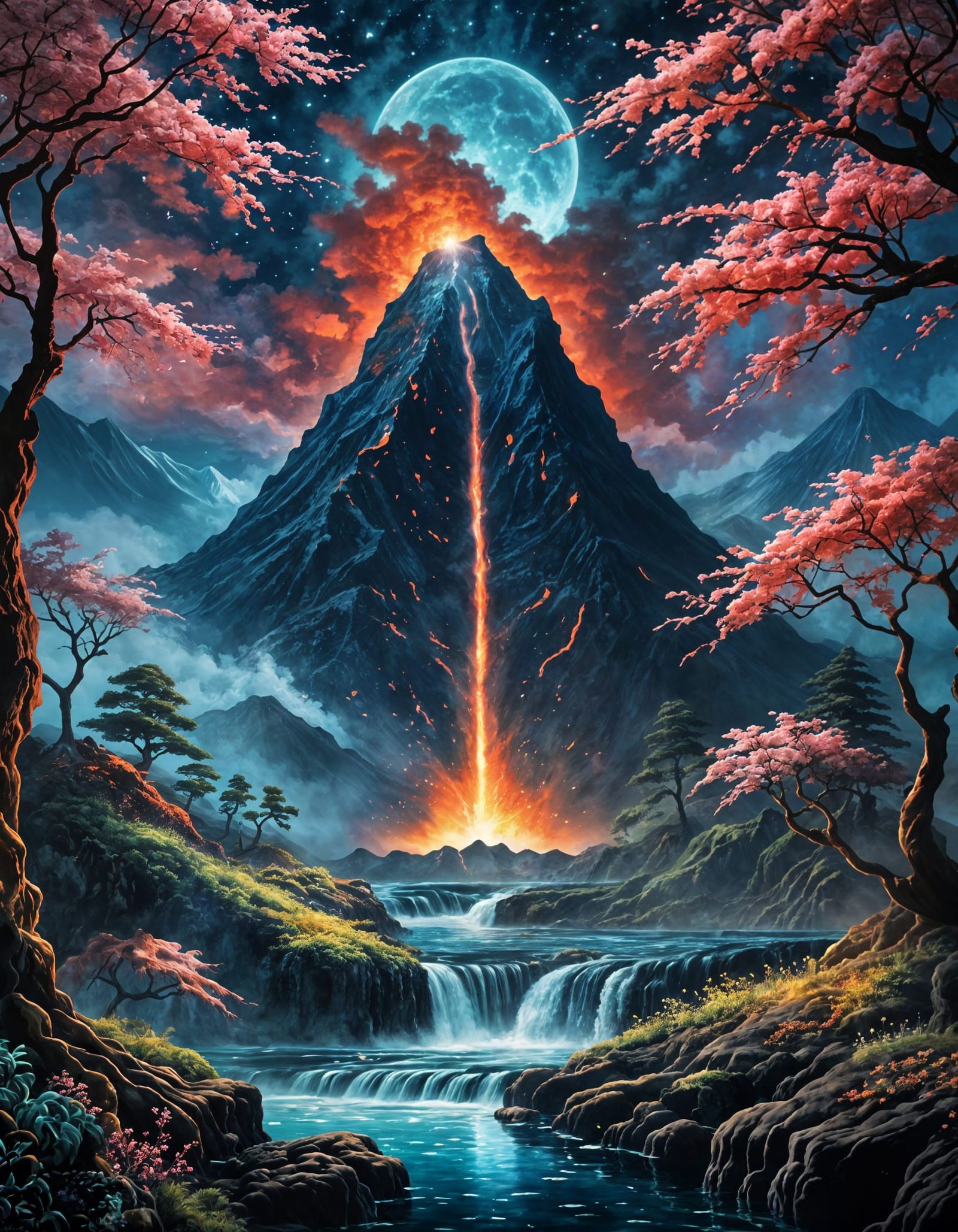 Moonlit Underwater Volcano Landscape in Oil Painting Style