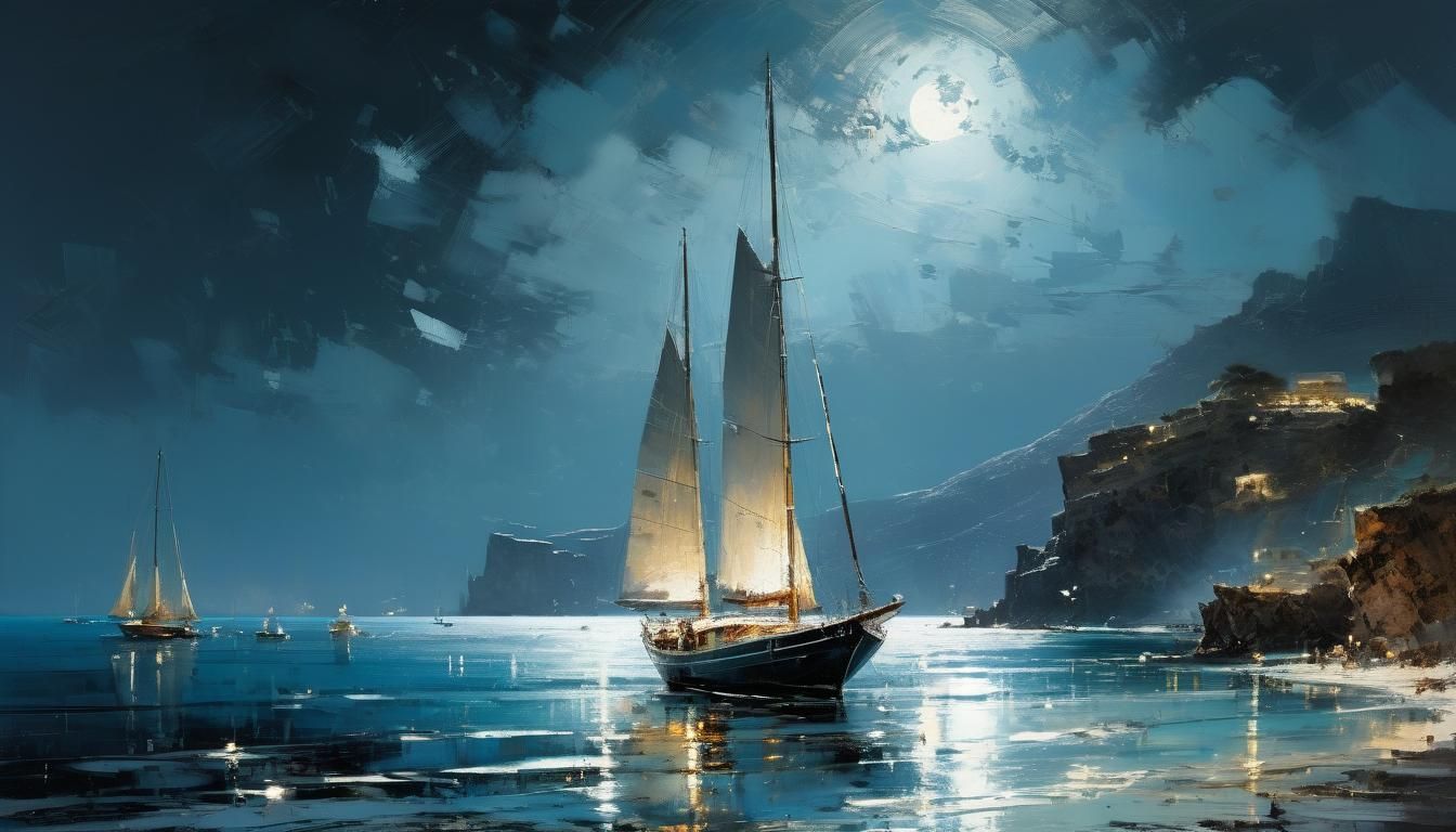 Sailboat in Moonlight Bay Painting
