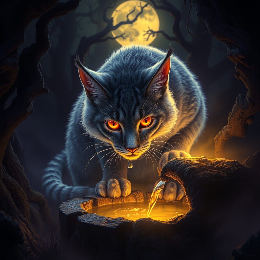 Glowing Dark Fantasy Cat in a Jungle Oasis Scene