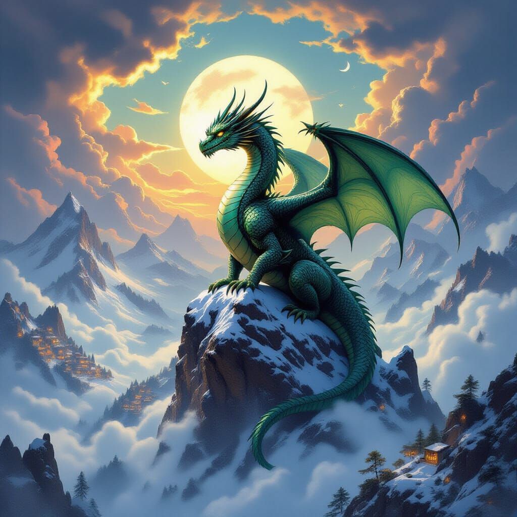 Majestic Dragon on Snowy Peak at Sunset