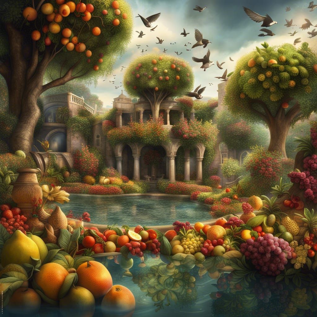 Lush Garden with Fruits and Flowers: Digital Painting
