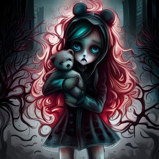 Creepy Girl with Teddy Bear in Graffiti Art