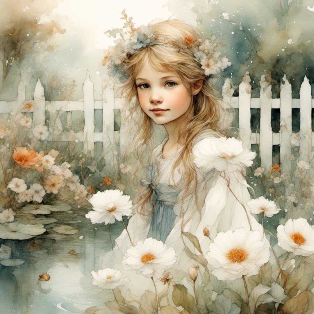 Girl by Pond with Flowers and Mist