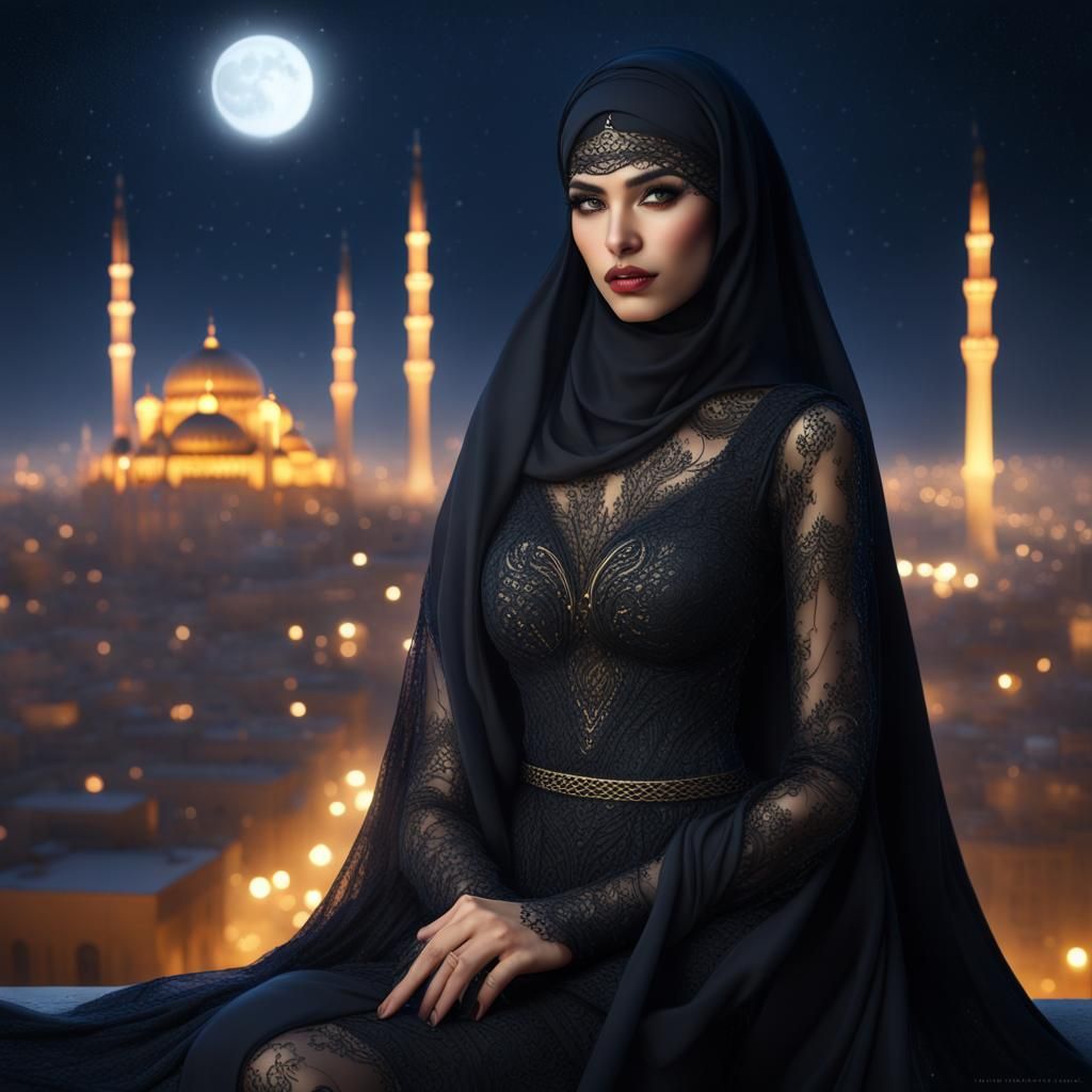 Arab Princess in Lace Niqab with Cityscape Background