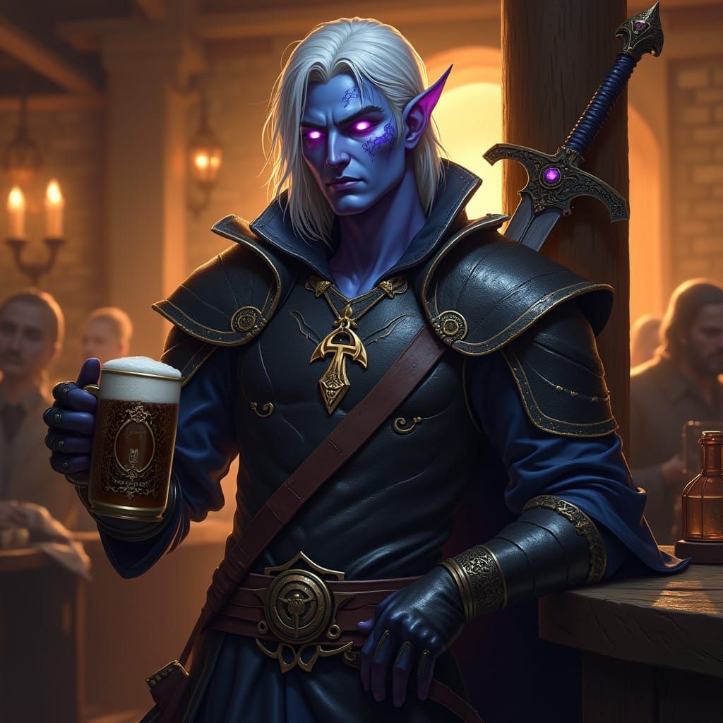 Battle-Scarred Drow Battle Cleric in Golden Tavern Light