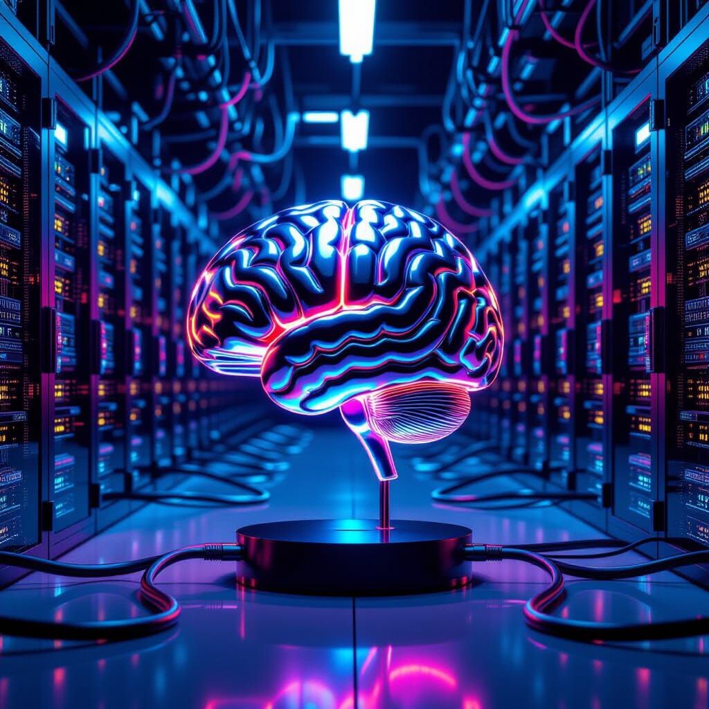 Chrome Brain Sculpture in Neon Server Room