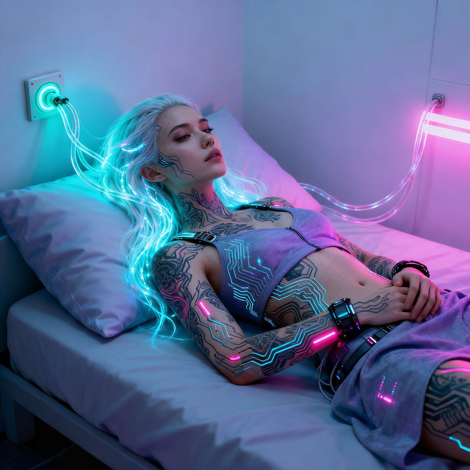 Biopunk Woman with Glowing Hair on Minimalist Bed