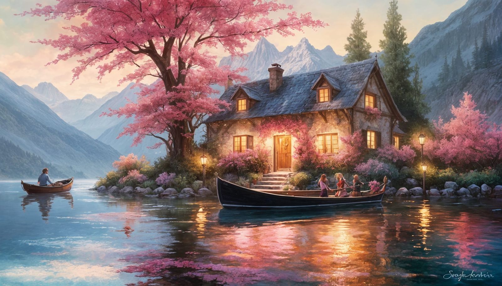Enchanted Cottage by Lake with Glowing Flora