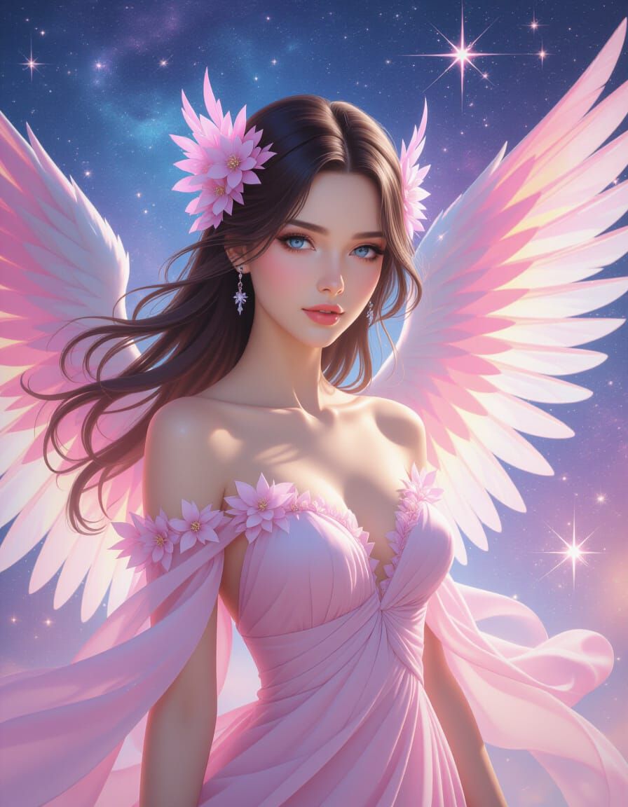 Angel with Translucent Wings in a Pastel Galaxy