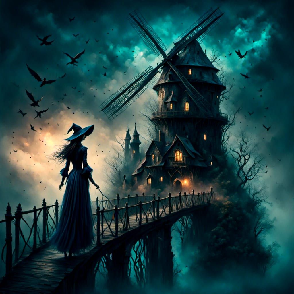 Medieval Witch by Windmill with Dreamlike Ocean