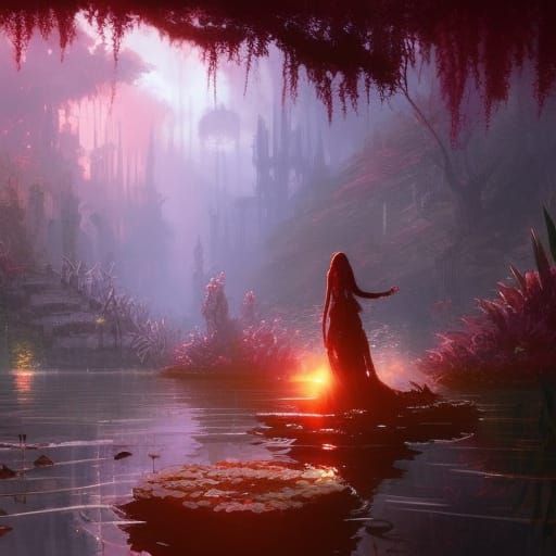 Exotic Water Garden in Crimson Sunlight