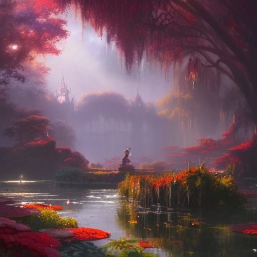 Exotic Gothic Water Garden in Crimson Sunlight