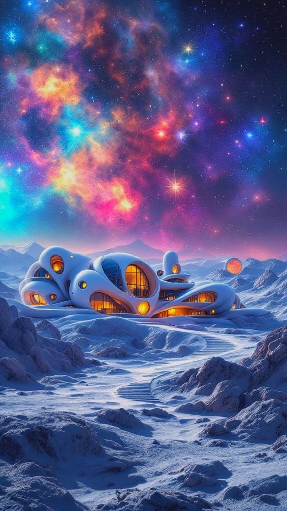 Retro-Futuristic Lunar Mansion Under Vibrant Galaxy Skies