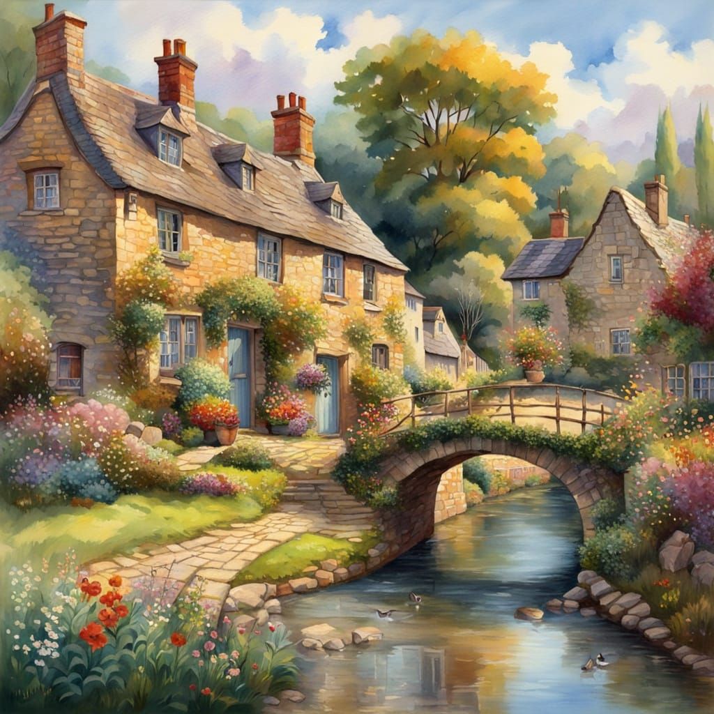 Ethereal Cotswold Village Scene in Vibrant Impressionist Sty...