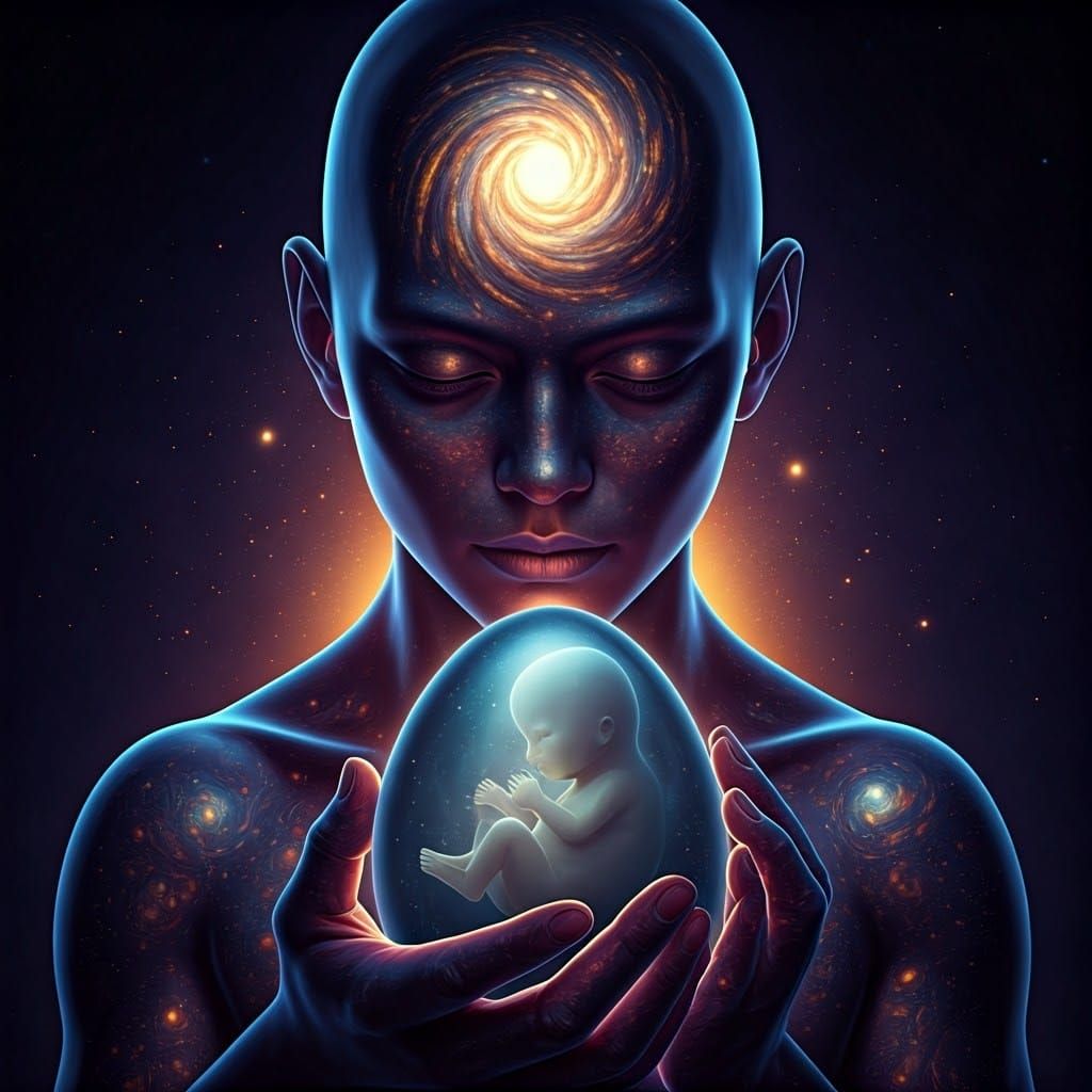 Ethereal Cosmic Deity Cradles Glowing Egg