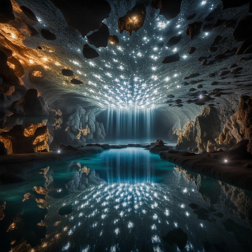 Sparkling Crystal Cave Reflecting Pool in Light Beam
