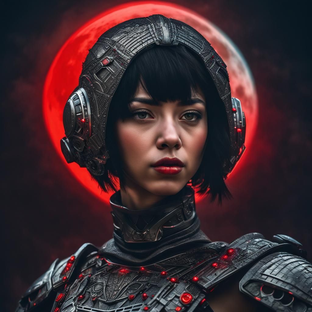 Futuristic Girl Portrait with Red Moon in the Sky