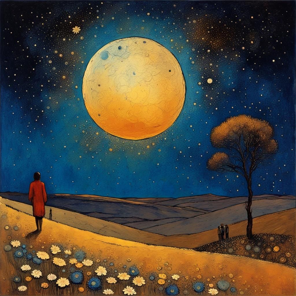 Surreal Starry Landscape with Flowers, Impasto Painting