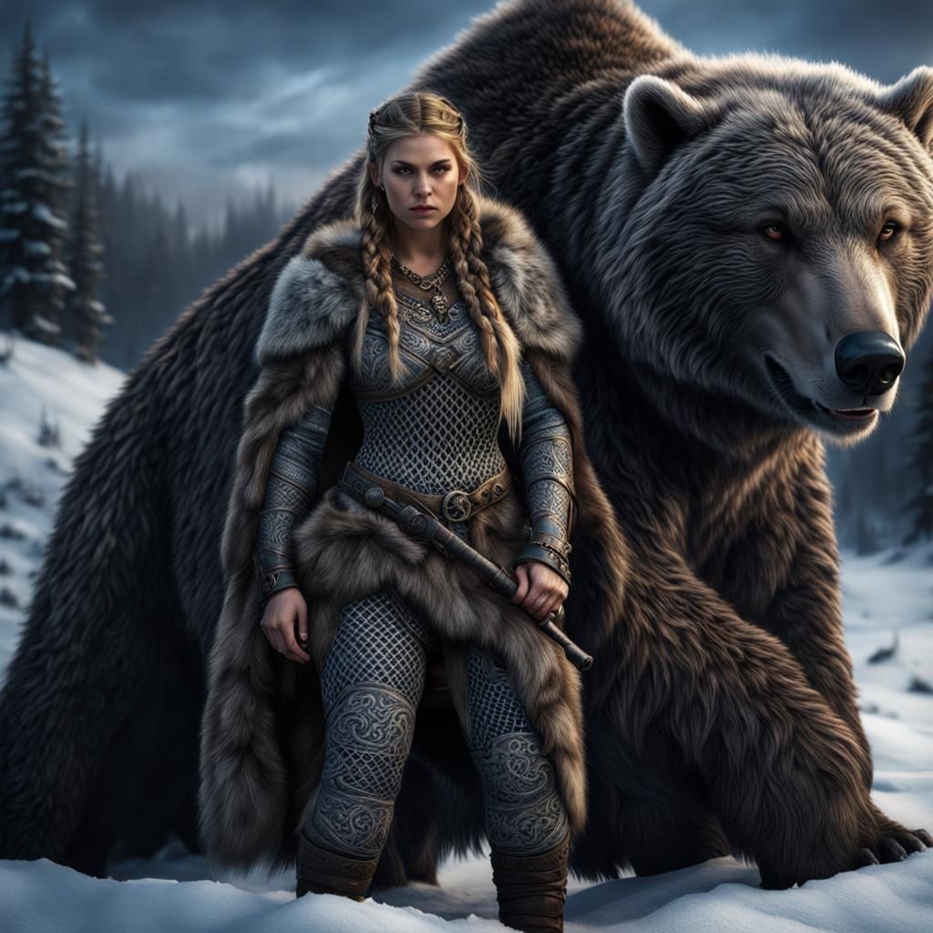Viking Warrior with Armored Bear, Hyperrealistic CGI Art