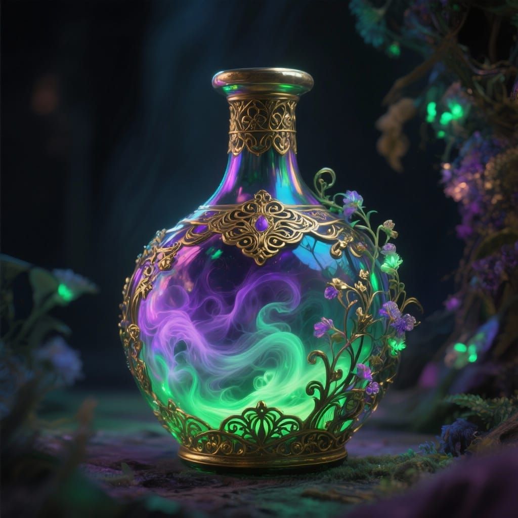 Ornate Art Nouveau Potion Bottle with Ethereal Glow