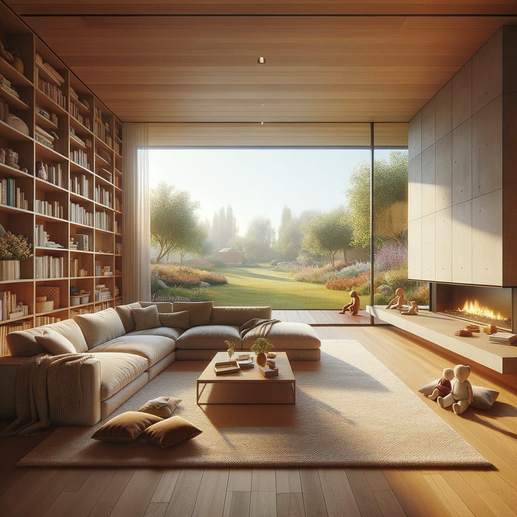Warm Minimalist Living Room with Bookshelves and Garden View