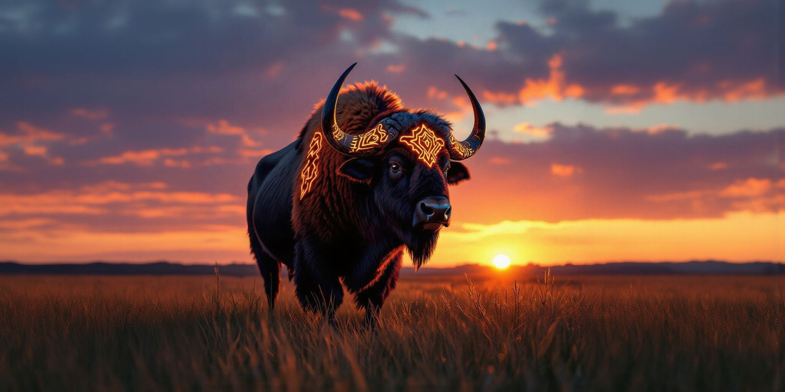 Buffalo Silhouette with Glowing Antlers at Sunset