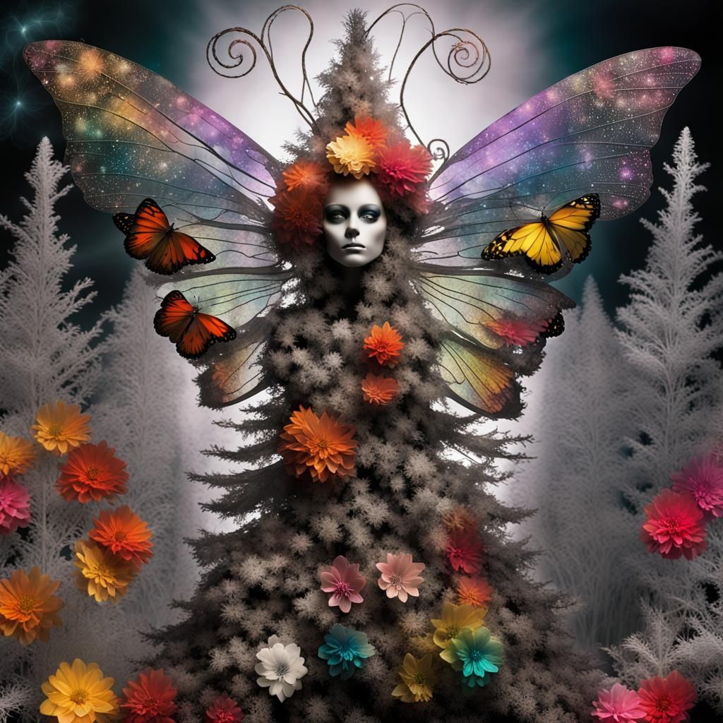 Christmas tree , Photogram of a rainbow multicoloered fairy with  butterfly wings  by Mann Ray, Christmas tree, Photogra...