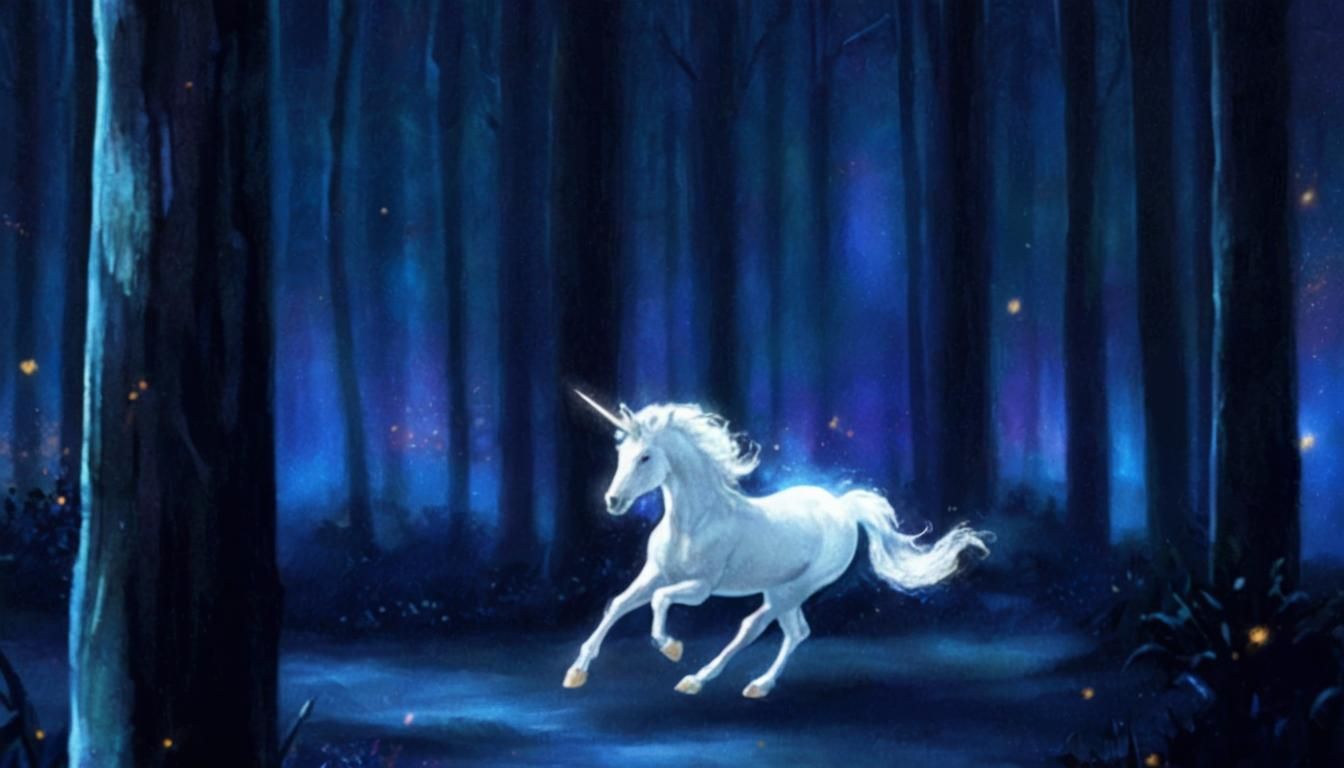 Unicorn Running in a Dark Fantasy Forest