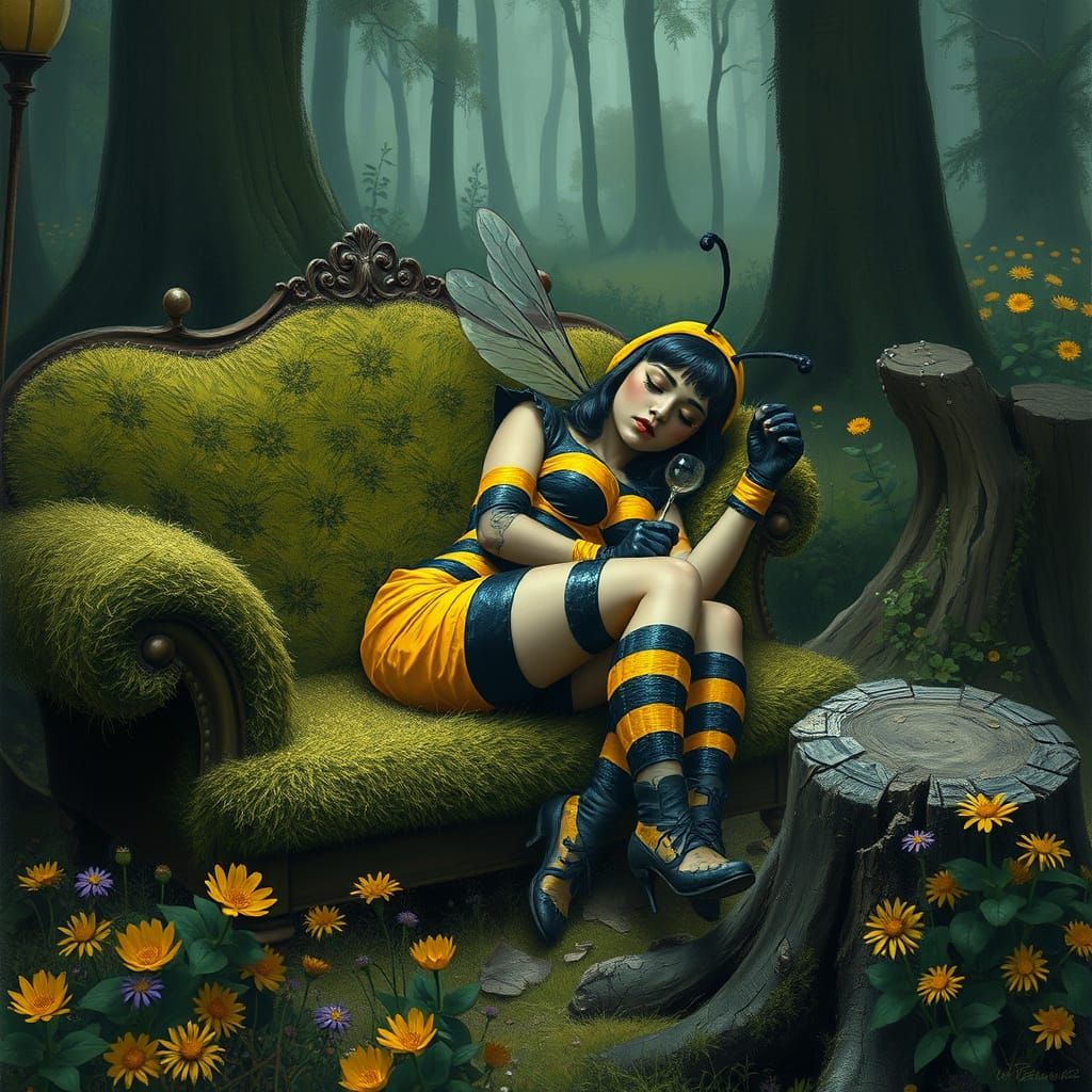 Bumblebee Pin-Up in Whimsical Forest, Dark Realism Style