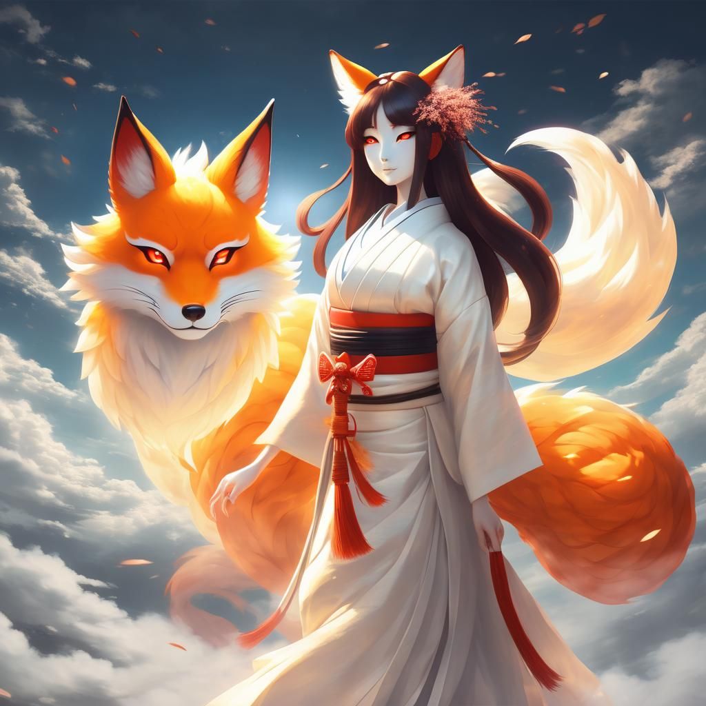 Radiant Nine-Tailed Fox Youkai in Divine Light