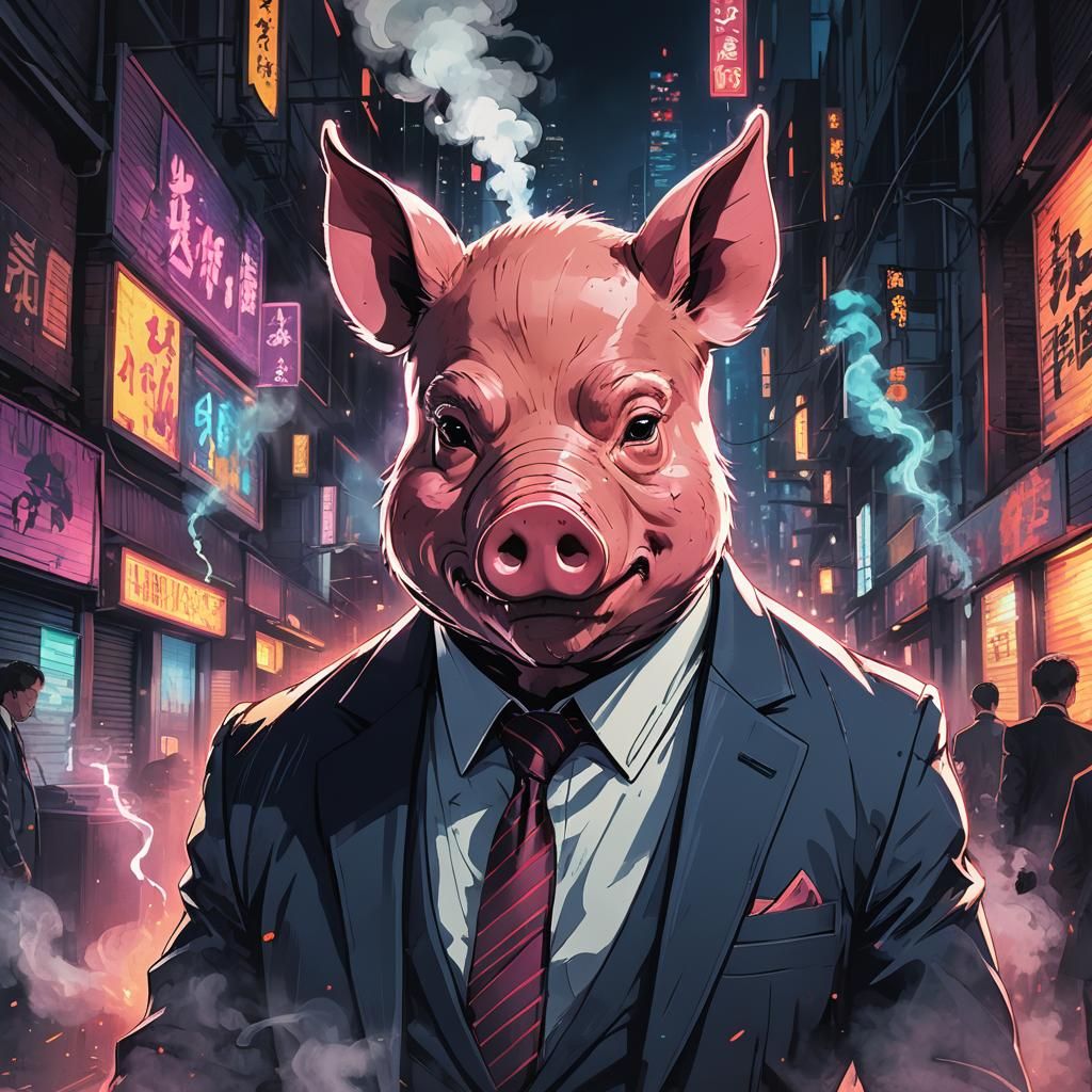 Evil Pig Vaping in Dark Alley: Anime Portrait