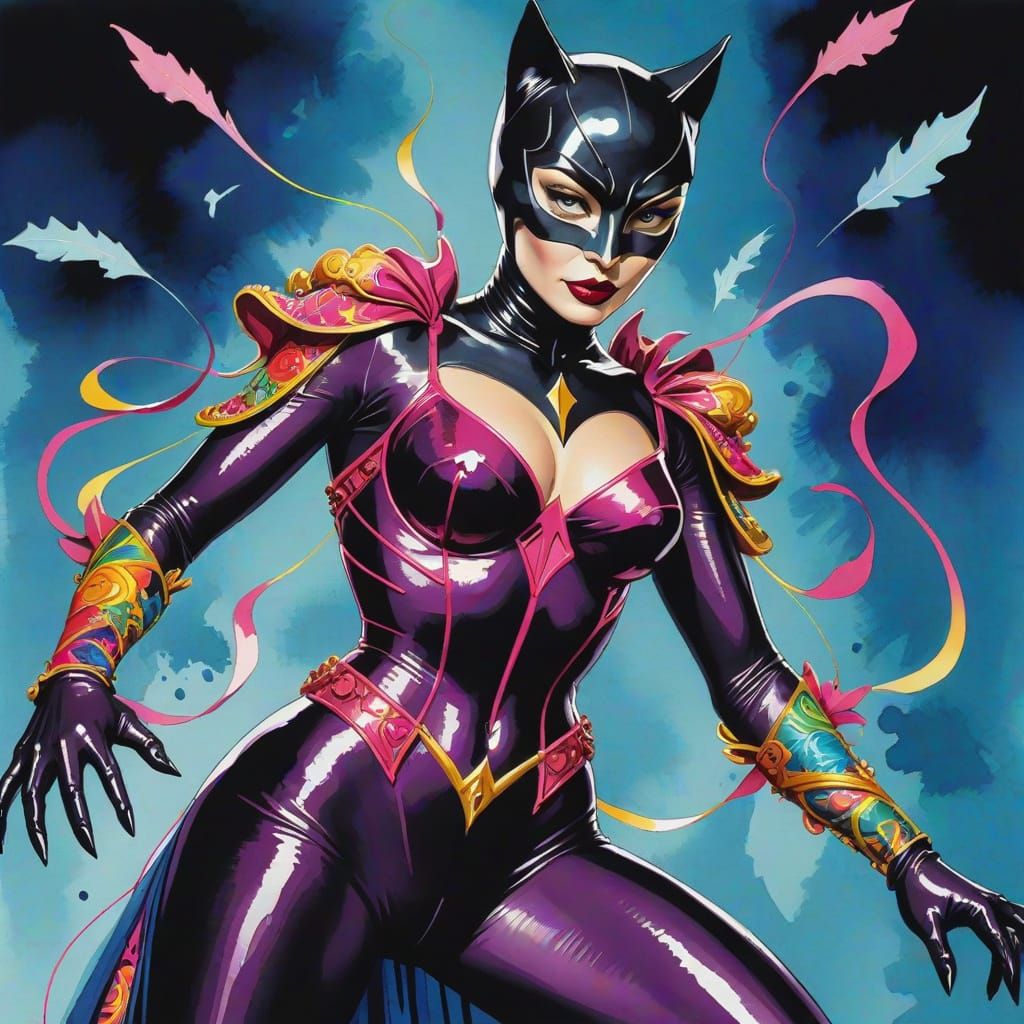 Catwoman in Elaborate Gown as Ink Painting