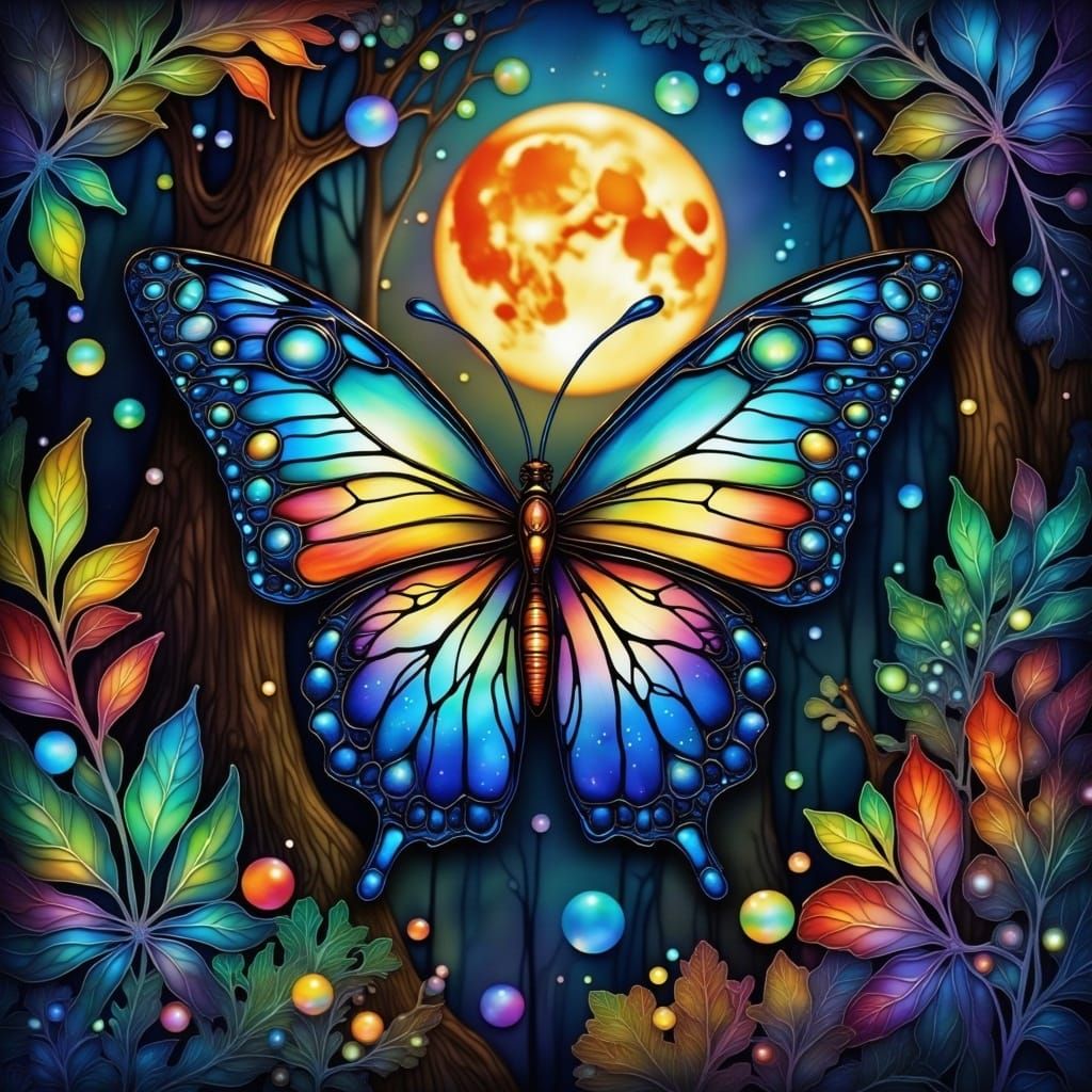 Iridescent Butterfly in Moonlit Forest, Fantasy Illustration