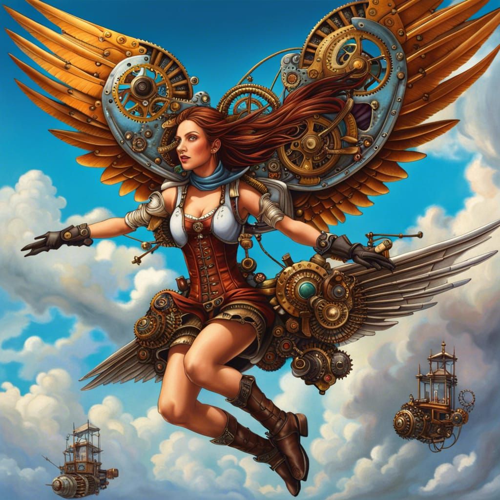 Girl Flying with Steampunk Wings in Vivid Colors