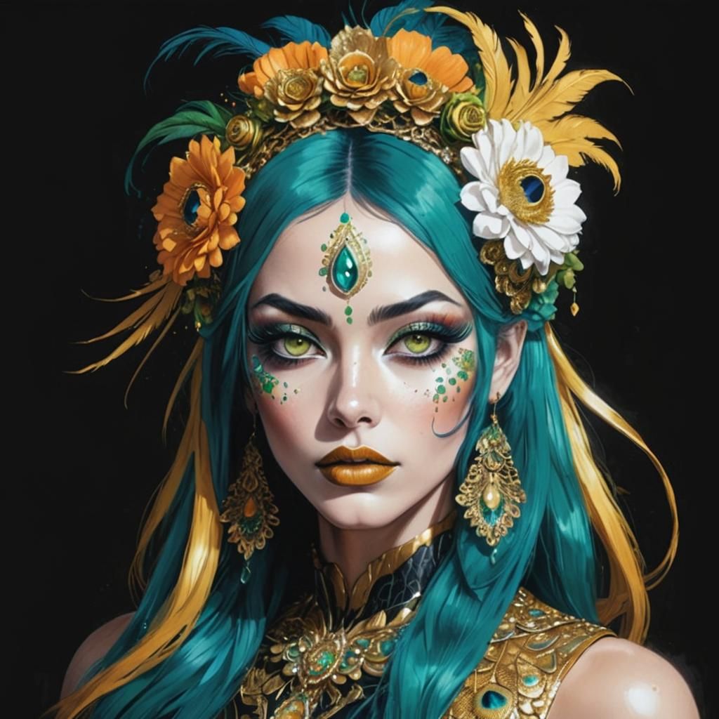 Golden Woman with Peacock Hair in Comic Book Style