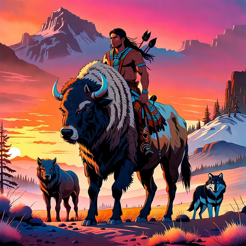 Native American, Bison, and Wolf in Surreal Landscape