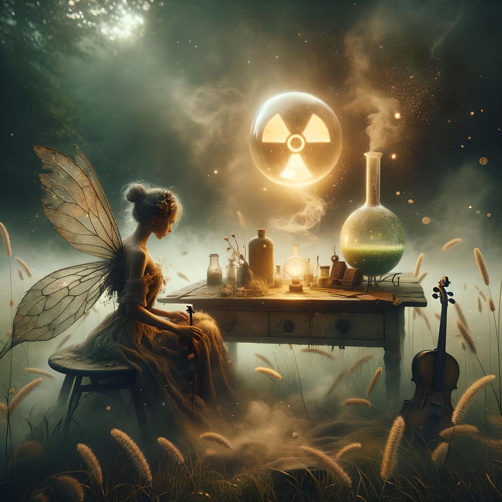 Post-Apocalyptic Fairy with Violin in Surreal Landscape