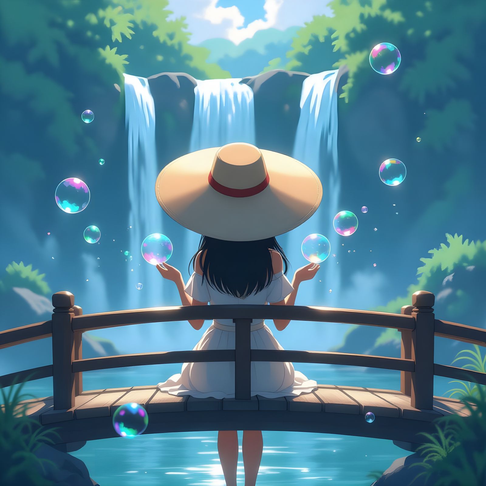 Girl Blowing Bubbles Over Waterfall in Anime Style