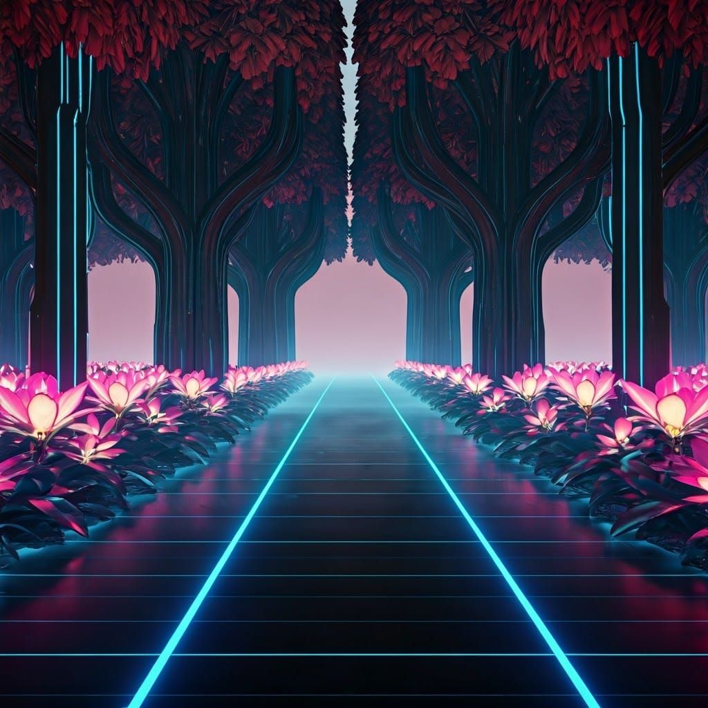 Tron Cyberpunk Garden in Neon Digital Hues