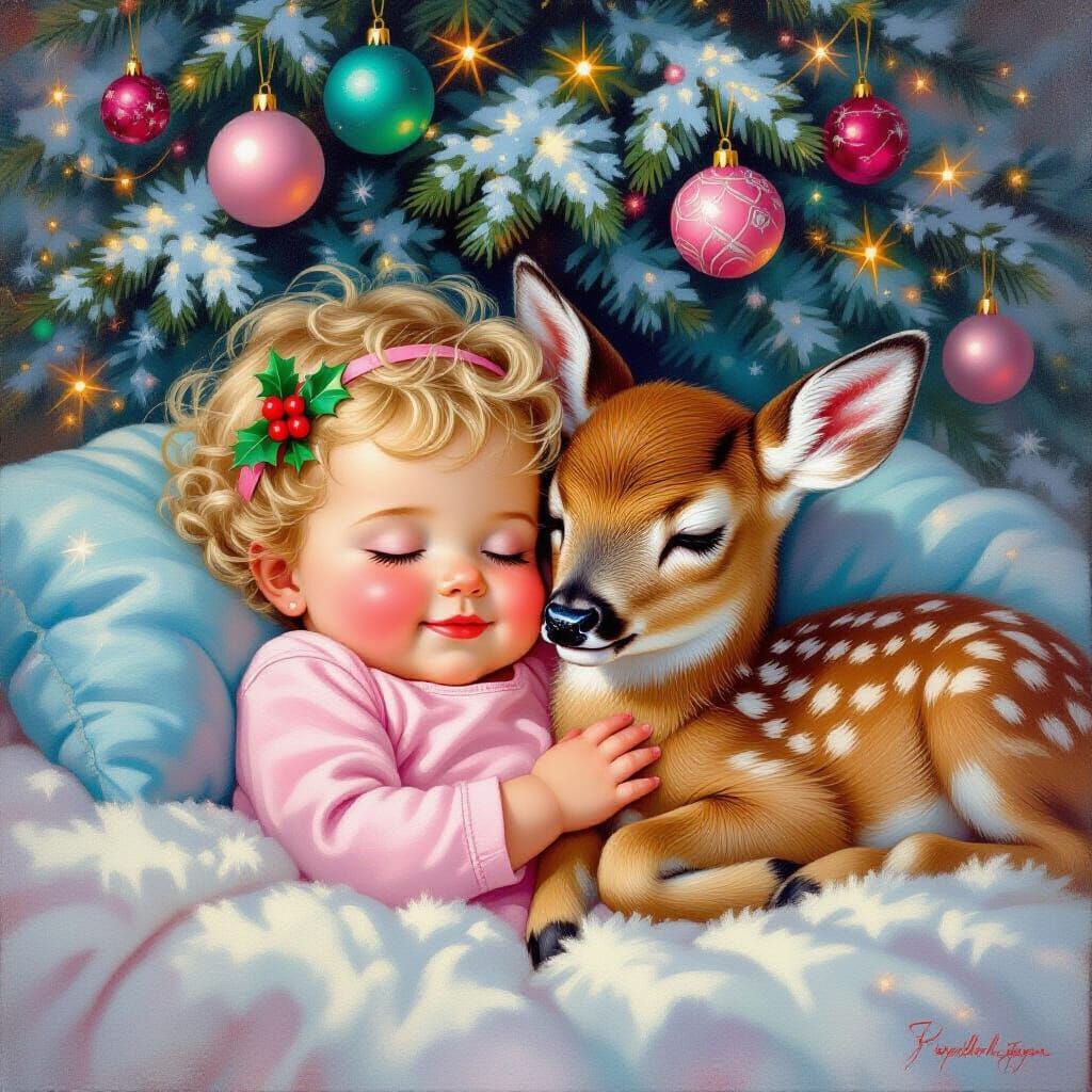 Tender Christmas Scene: Infant and Deer Sleep Peacefully