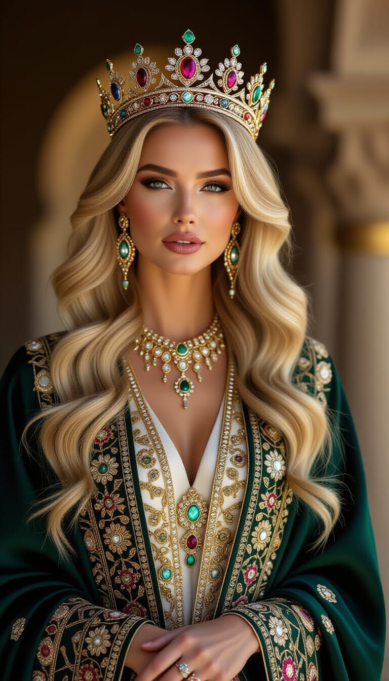 Majestic Blonde in Luxurious Abaya: Cinematic Portrait