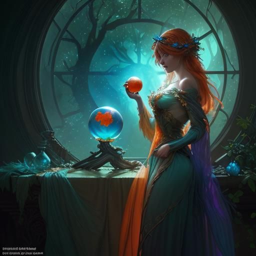 Dryad Gazing into Crystal Ball: Art Nouveau Style