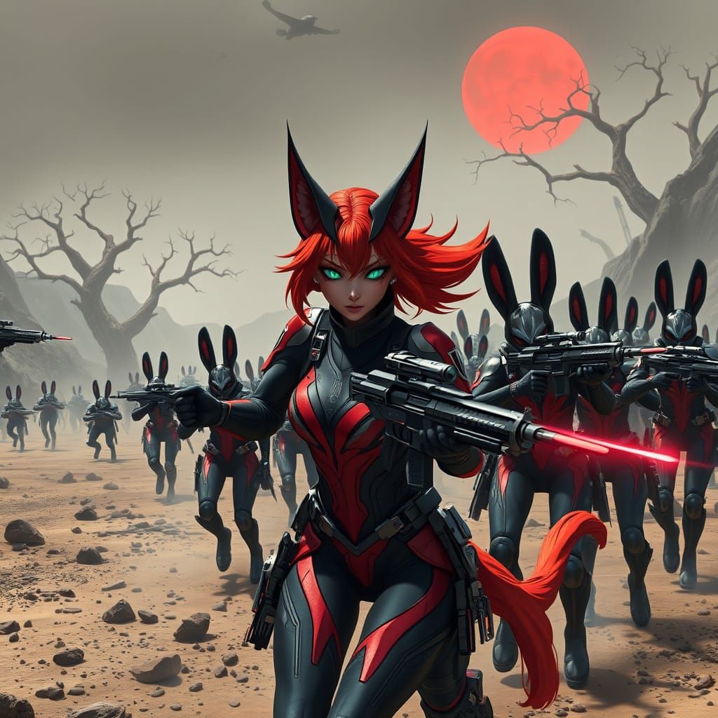 Cyberpunk Demon Cat Woman Leads Rabbit Men in Battle Against...