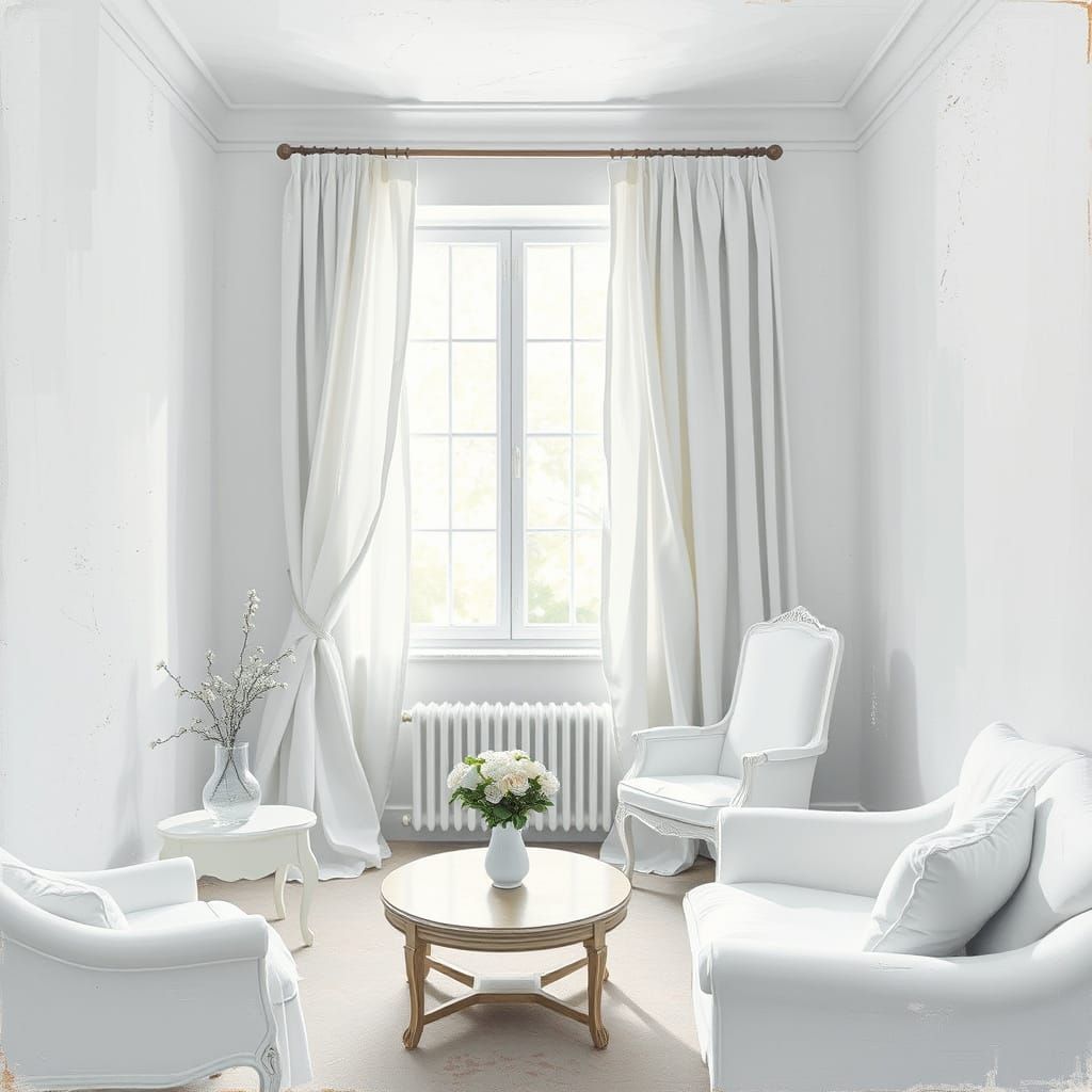Serene All-White Room with Painterly Impasto Style