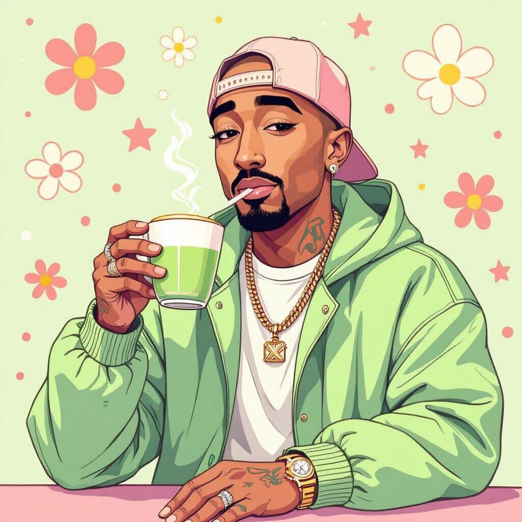 2Pac Sipping Matcha Latte in Kawaii Pastel Style