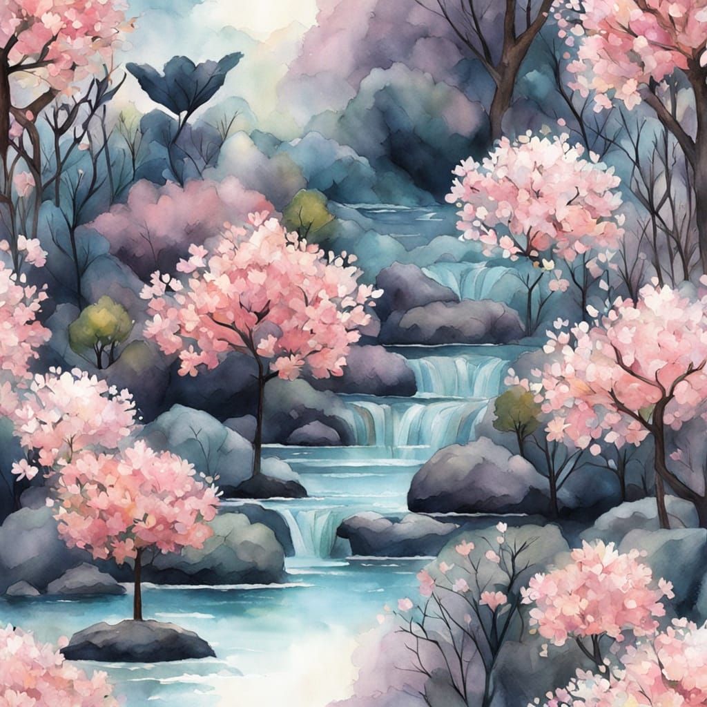 Serenely Beautiful Zen Garden Scene in Dreamy Watercolor Sty...